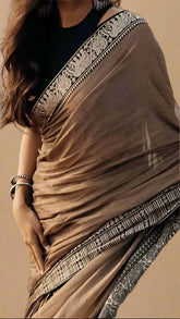 Brown and Black Elephant Peacock Narayanpet Handloom Cotton Saree